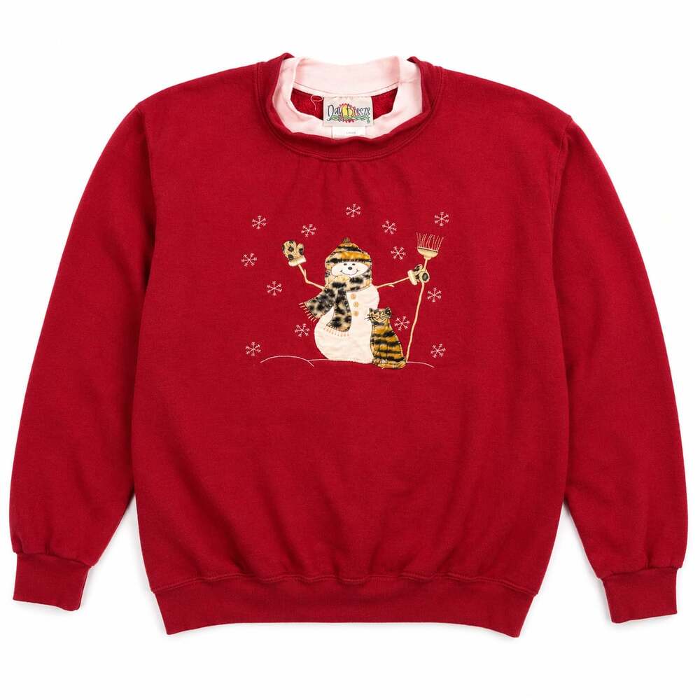 Day Breeze Vintage Christmas Snowman and Cat Embroidered Red Crewneck Sweatshirt